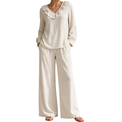 ⌛Limited-Time Discount-Women's Resort Style V-Neck 2-Piece Outfit Loose Long Sleeve Top Wide Leg Pants Set