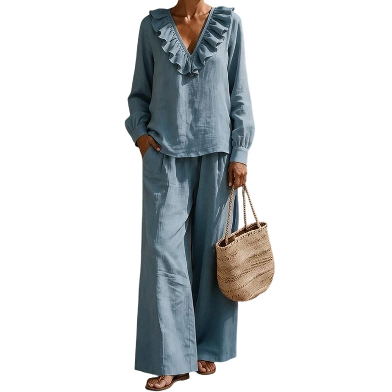⌛Limited-Time Discount-Women's Resort Style V-Neck 2-Piece Outfit Loose Long Sleeve Top Wide Leg Pants Set