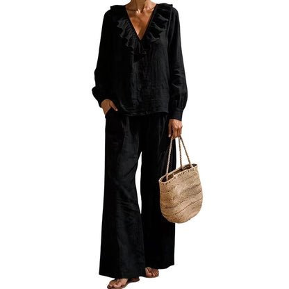 ⌛Limited-Time Discount-Women's Resort Style V-Neck 2-Piece Outfit Loose Long Sleeve Top Wide Leg Pants Set