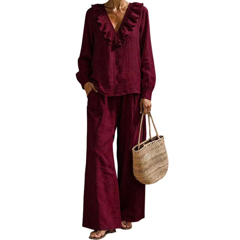 ⌛Limited-Time Discount-Women's Resort Style V-Neck 2-Piece Outfit Loose Long Sleeve Top Wide Leg Pants Set