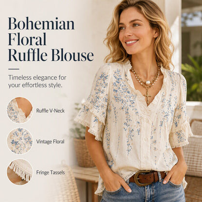 ⌛Limited-Time Discount-Women's Floral Print Ruffled V-Neck Top
