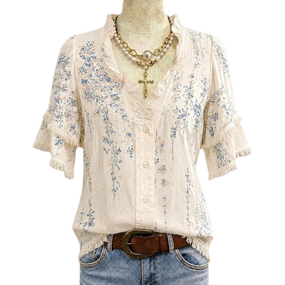 ⌛Limited-Time Discount-Women's Floral Print Ruffled V-Neck Top