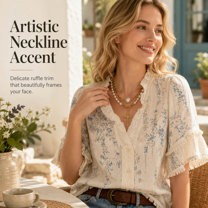 ⌛Limited-Time Discount-Women's Floral Print Ruffled V-Neck Top