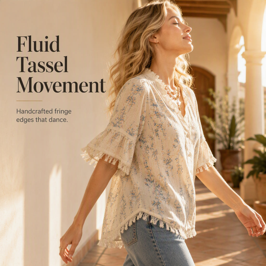 ⌛Limited-Time Discount-Women's Floral Print Ruffled V-Neck Top