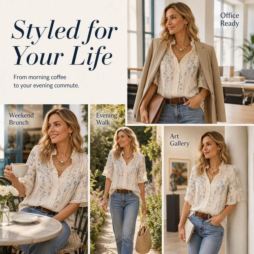 ⌛Limited-Time Discount-Women's Floral Print Ruffled V-Neck Top
