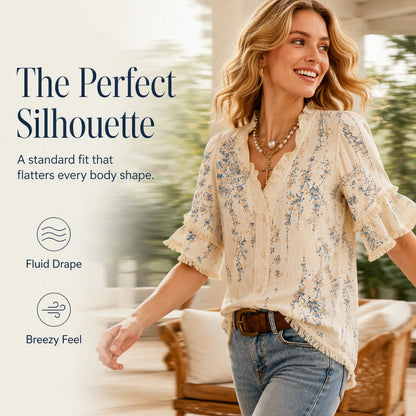 ⌛Limited-Time Discount-Women's Floral Print Ruffled V-Neck Top