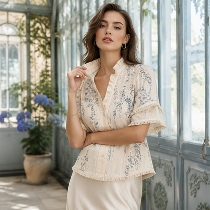 ⌛Limited-Time Discount-Women's Floral Print Ruffled V-Neck Top