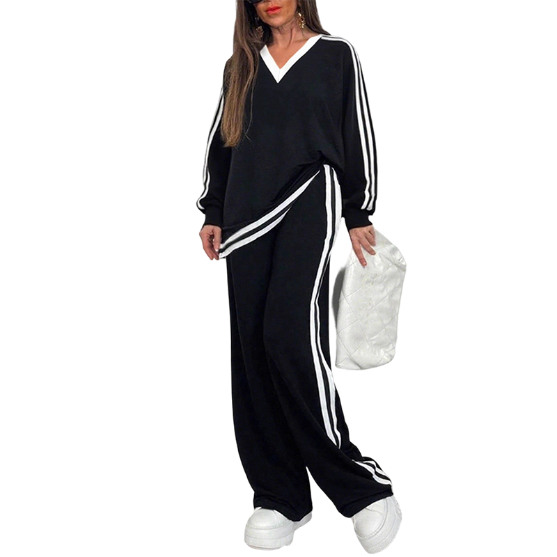 ⌛Limited-Time Discount-Women's Two-Piece Casual Set V-Neck Long Sleeve Top and Wide Leg Striped Pants Outfit