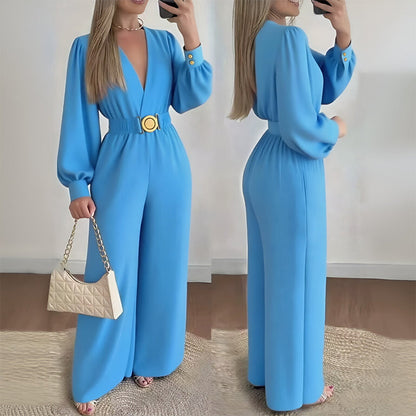 ⌛Limited-Time Discount-Elegant V-Neck Wide-Leg Jumpsuit with Belt