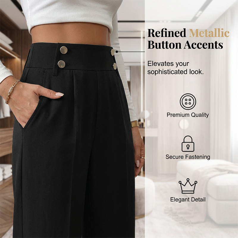 ✨ Women's High-Waist Wide-Leg Trousers – Elegant Tailored Fit With Chic Metallic Button Detail 🤍