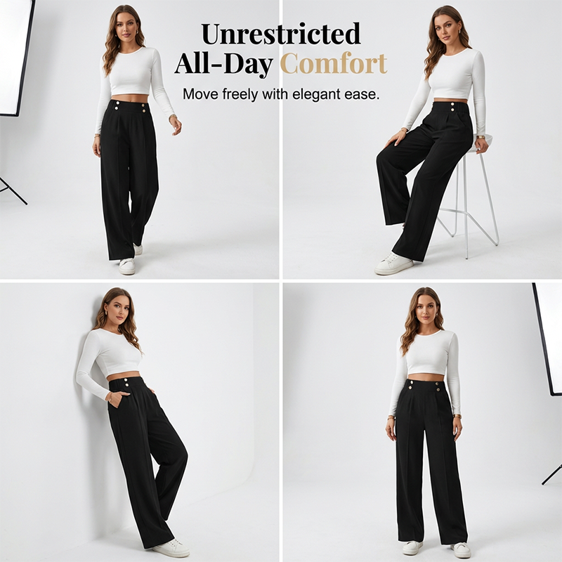 ✨ Women's High-Waist Wide-Leg Trousers – Elegant Tailored Fit With Chic Metallic Button Detail 🤍