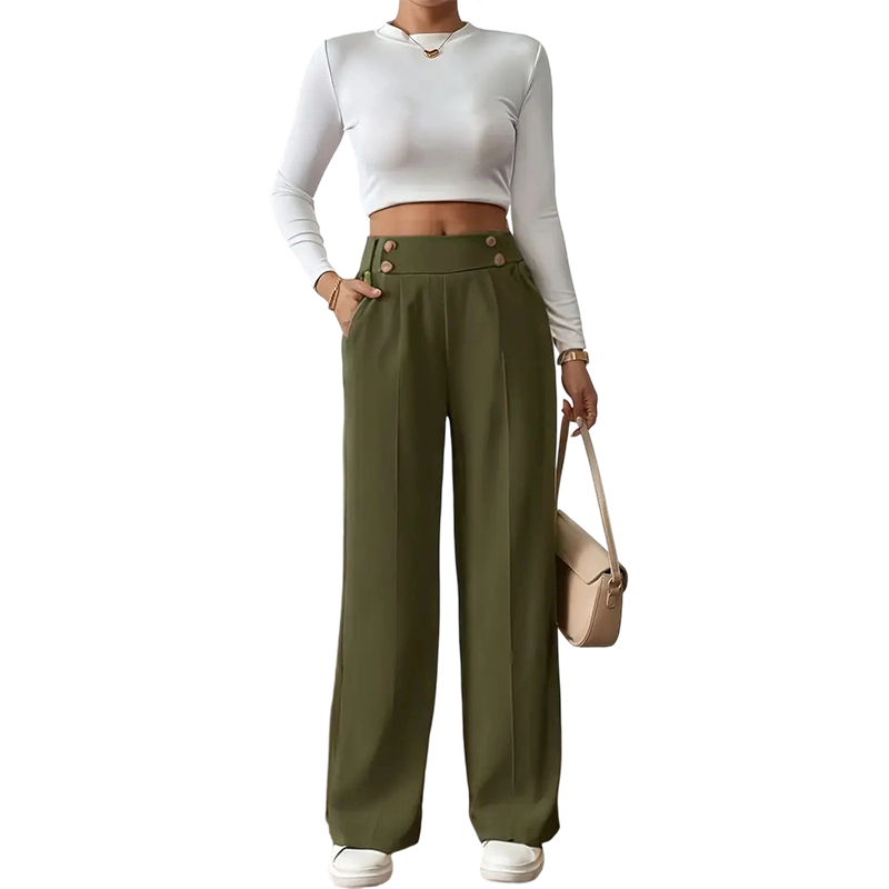 ✨ Women's High-Waist Wide-Leg Trousers – Elegant Tailored Fit With Chic Metallic Button Detail 🤍