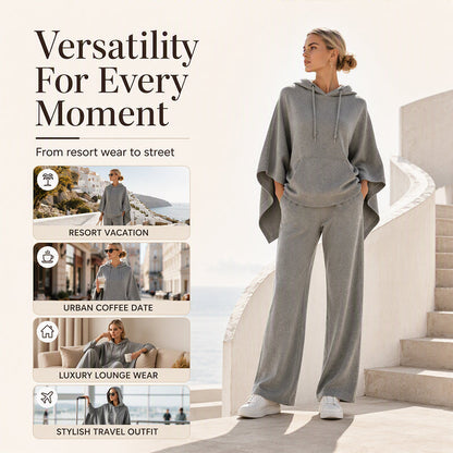 Women's Loose Hooded Cape Top & Wide-Leg Pants Set