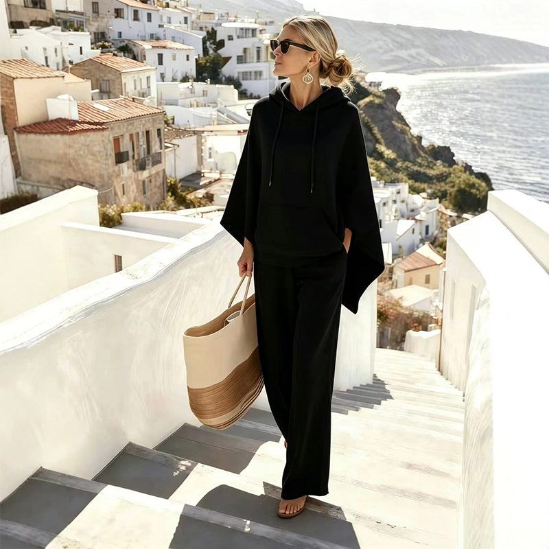 Women's Loose Hooded Cape Top & Wide-Leg Pants Set