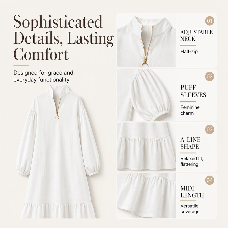 ⌛Limited-time offer-Women's Half-Zip Stand Collar Dress with Lantern Sleeves