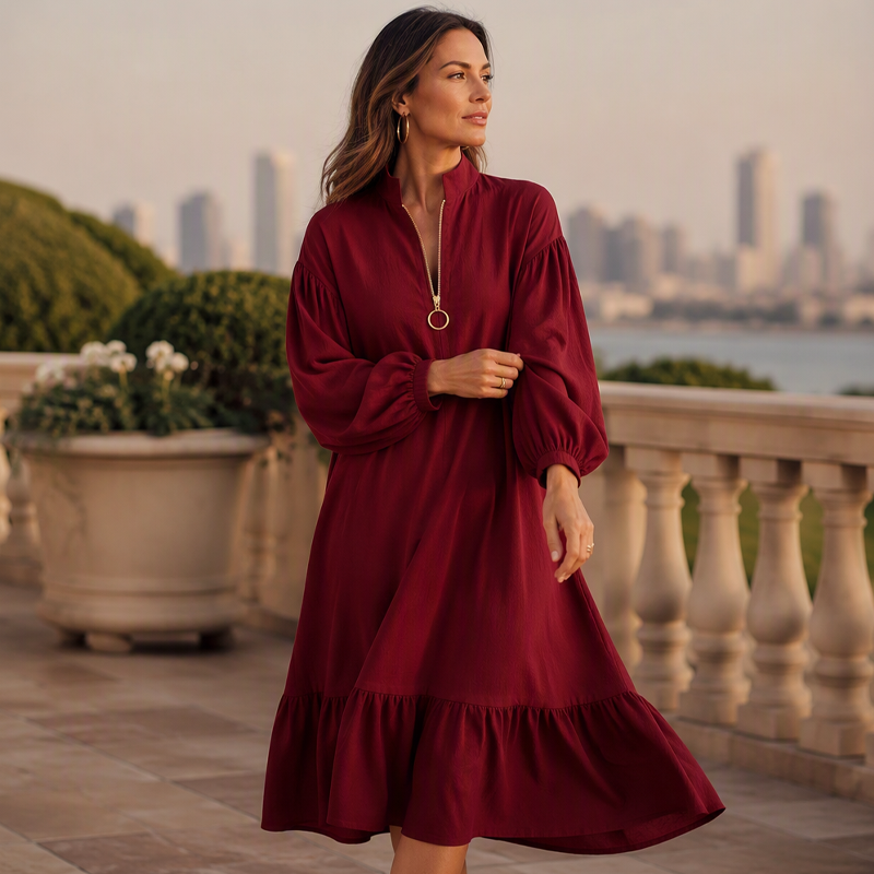 ⌛Limited-time offer-Women's Half-Zip Stand Collar Dress with Lantern Sleeves