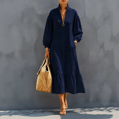 ⌛Limited-time offer-Women's Half-Zip Stand Collar Dress with Lantern Sleeves