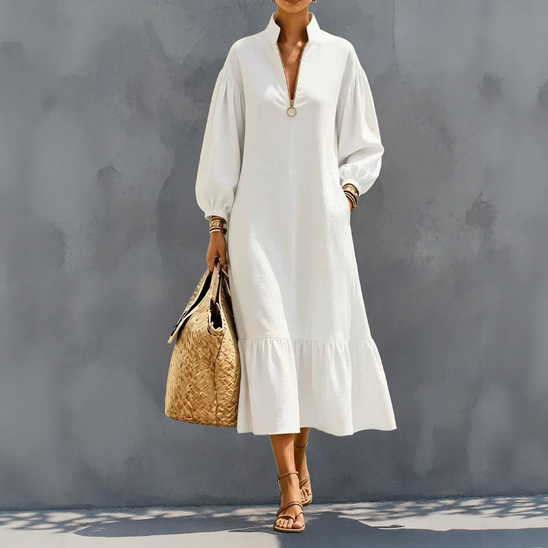 ⌛Limited-time offer-Women's Half-Zip Stand Collar Dress with Lantern Sleeves