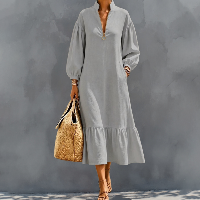 ⌛Limited-time offer-Women's Half-Zip Stand Collar Dress with Lantern Sleeves