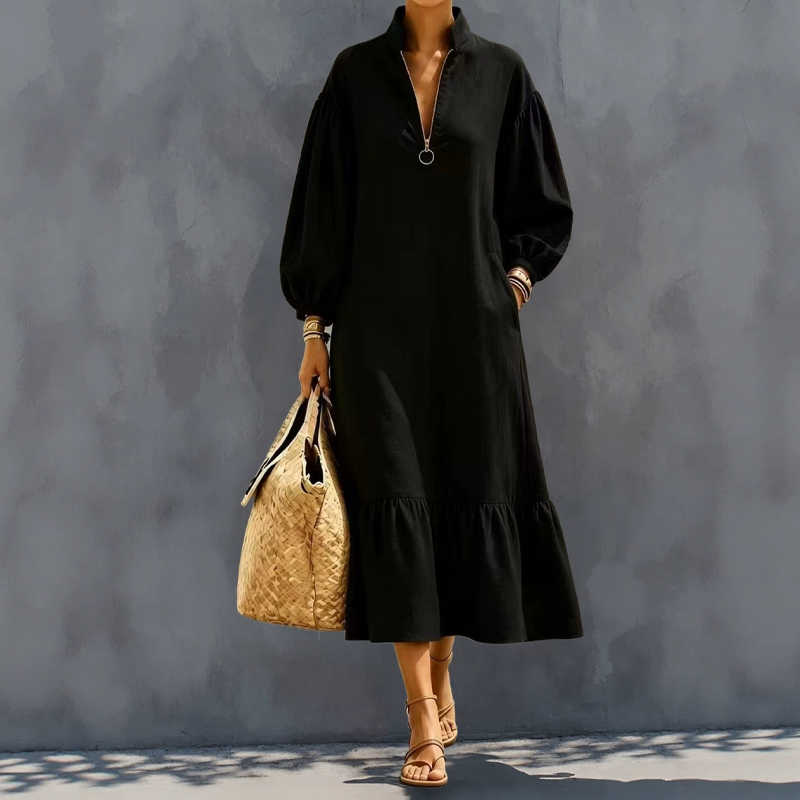 ⌛Limited-time offer-Women's Half-Zip Stand Collar Dress with Lantern Sleeves