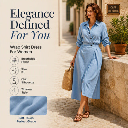 🔥Early Autumn Specials-Women's Lapel Wrap Midi Shirt Dress with Pockets