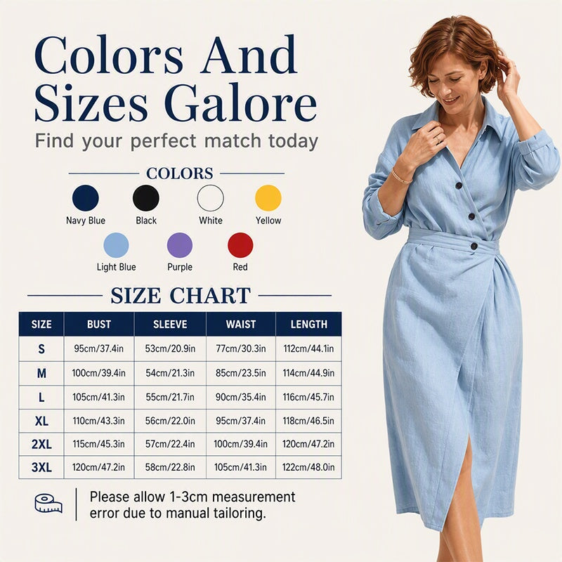 🔥Early Autumn Specials-Women's Lapel Wrap Midi Shirt Dress with Pockets