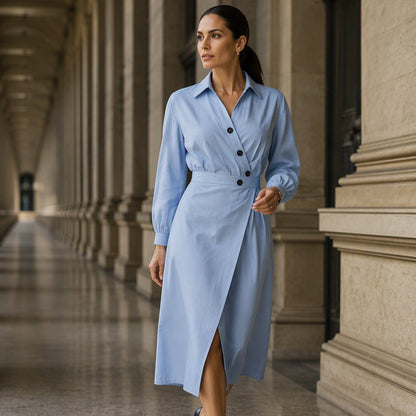 🔥Early Autumn Specials-Women's Lapel Wrap Midi Shirt Dress with Pockets