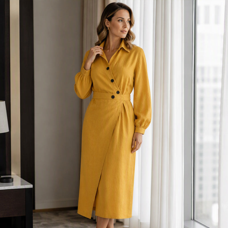 🔥Early Autumn Specials-Women's Lapel Wrap Midi Shirt Dress with Pockets