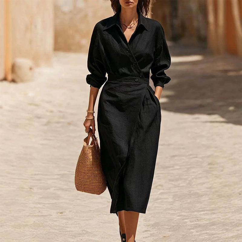 🔥Early Autumn Specials-Women's Lapel Wrap Midi Shirt Dress with Pockets