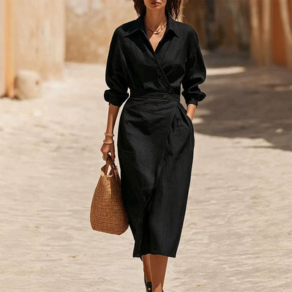 🔥Early Autumn Specials-Women's Lapel Wrap Midi Shirt Dress with Pockets
