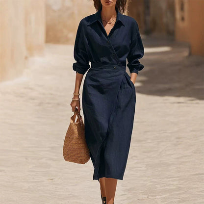 🔥Early Autumn Specials-Women's Lapel Wrap Midi Shirt Dress with Pockets