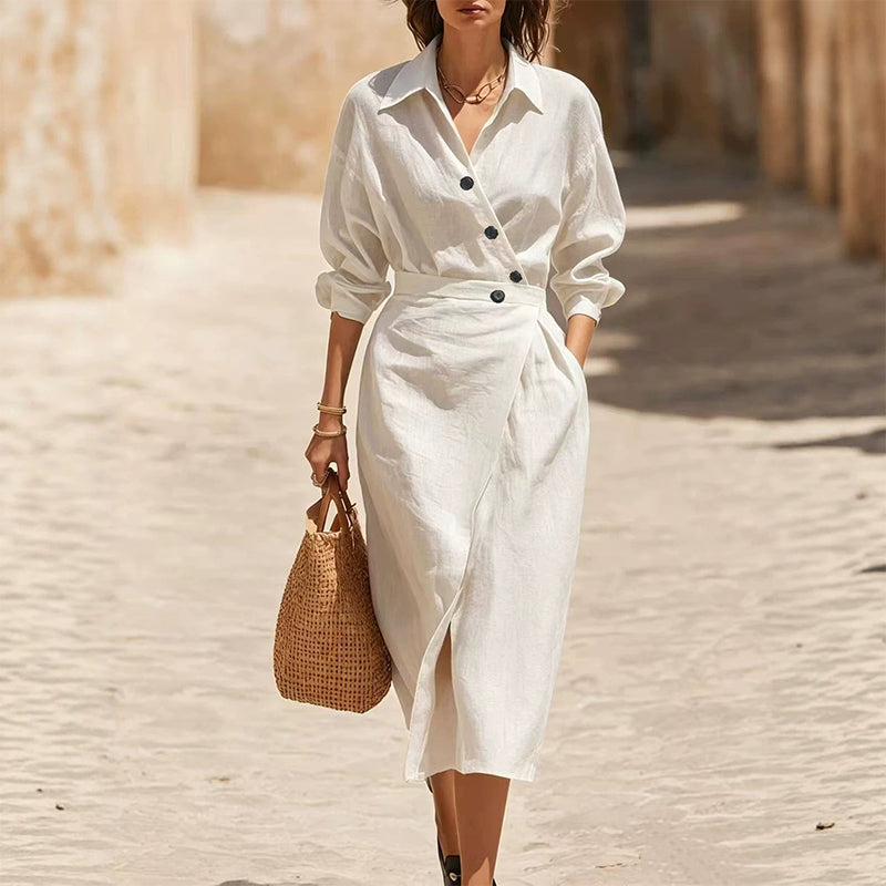 🔥Early Autumn Specials-Women's Lapel Wrap Midi Shirt Dress with Pockets