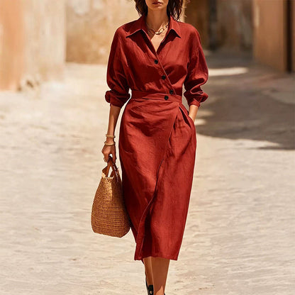 🔥Early Autumn Specials-Women's Lapel Wrap Midi Shirt Dress with Pockets