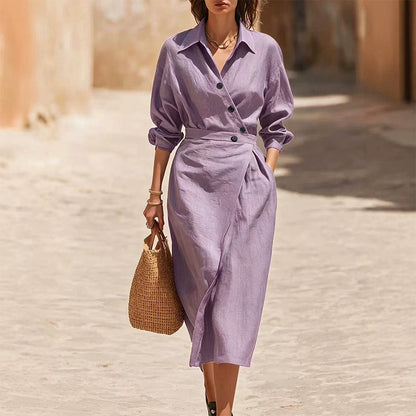 🔥Early Autumn Specials-Women's Lapel Wrap Midi Shirt Dress with Pockets