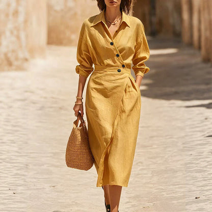 🔥Early Autumn Specials-Women's Lapel Wrap Midi Shirt Dress with Pockets