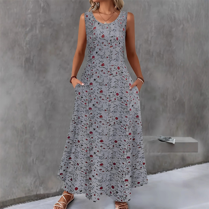 💞Limited-Time Offer-Women's Floral Print Sleeveless Maxi Dress with Pockets