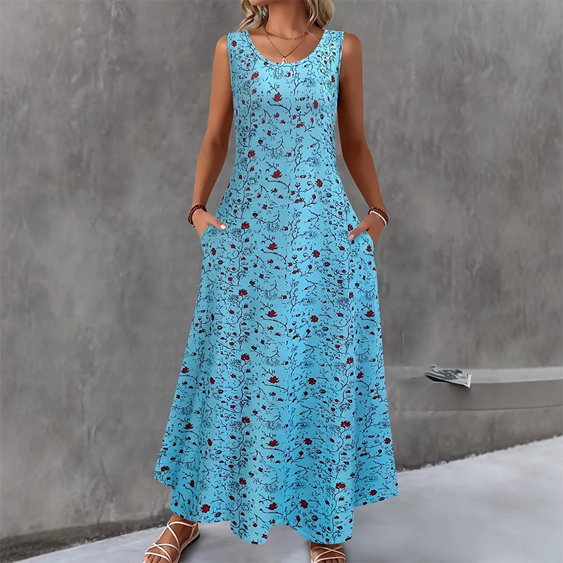 💞Limited-Time Offer-Women's Floral Print Sleeveless Maxi Dress with Pockets