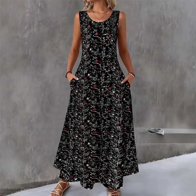 💞Limited-Time Offer-Women's Floral Print Sleeveless Maxi Dress with Pockets