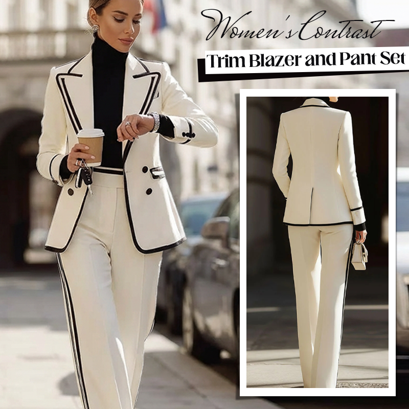 ⌛Limited-time offer-Women's Contrast Trim Blazer and Pant Set