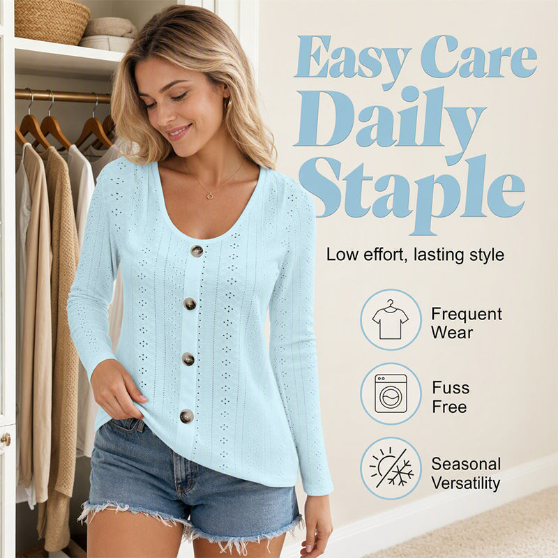 ⌛Limited-Time Offer-Women's Casual Round Neck Pointelle Long Sleeve Top