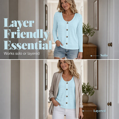 ⌛Limited-Time Offer-Women's Casual Round Neck Pointelle Long Sleeve Top