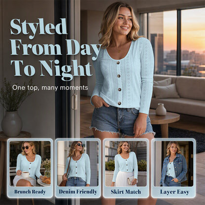 ⌛Limited-Time Offer-Women's Casual Round Neck Pointelle Long Sleeve Top
