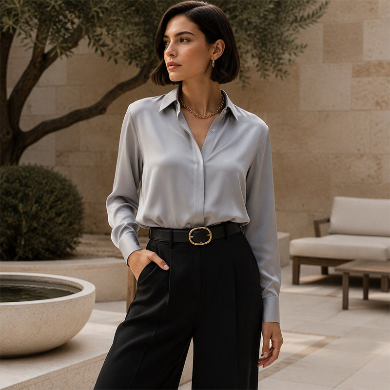 ✨ Elevated Everyday Style | Women's Silky Satin Button-Down Long-Sleeve Shirt