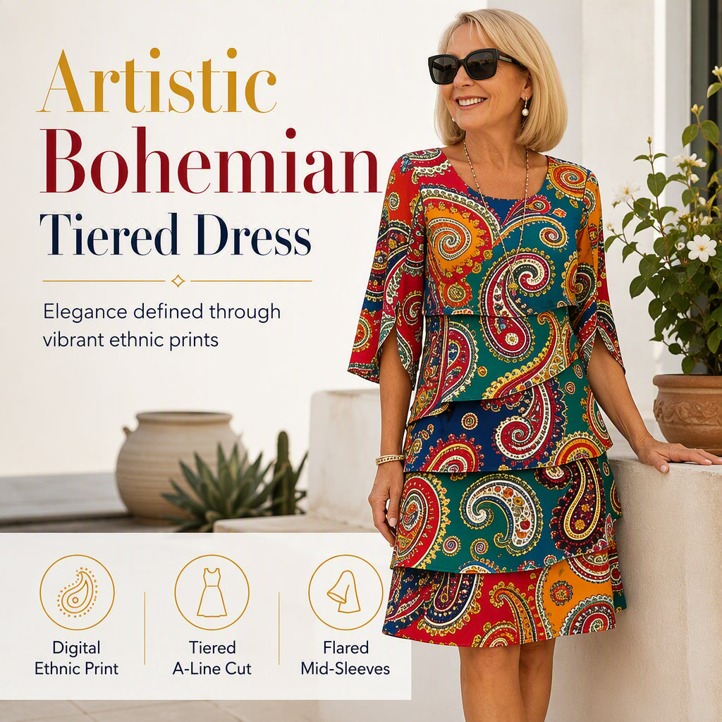 ⌛Limited-Time Offer-Women's Ethnic Print V-Neck Tiered Dress