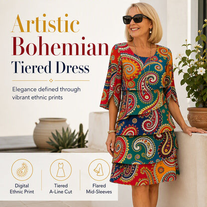 ⌛Limited-Time Offer-Women's Ethnic Print V-Neck Tiered Dress