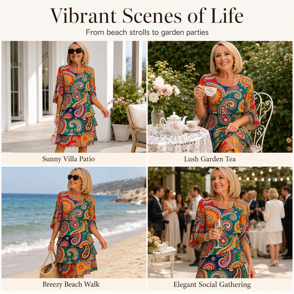 ⌛Limited-Time Offer-Women's Ethnic Print V-Neck Tiered Dress