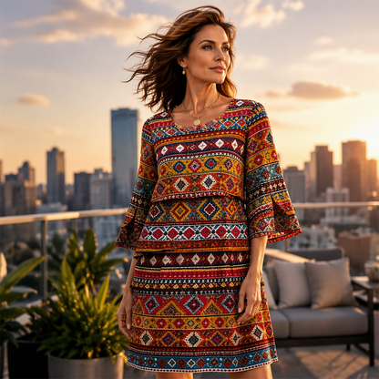 ⌛Limited-Time Offer-Women's Ethnic Print V-Neck Tiered Dress