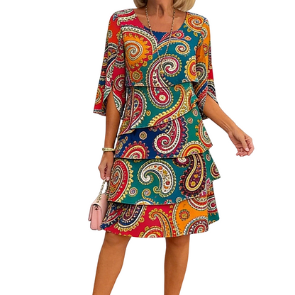⌛Limited-Time Offer-Women's Ethnic Print V-Neck Tiered Dress