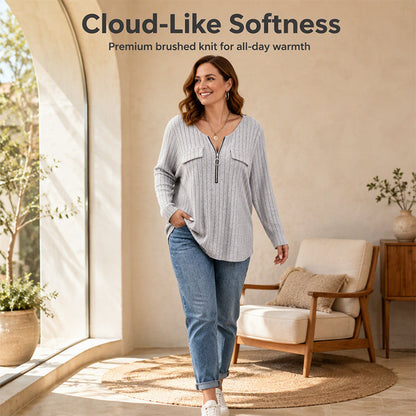 ⌛Limited-Time Offer-Women's Zipper V-Neck Ribbed Knit Long Sleeve Top