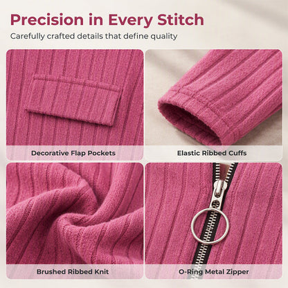 ⌛Limited-Time Offer-Women's Zipper V-Neck Ribbed Knit Long Sleeve Top